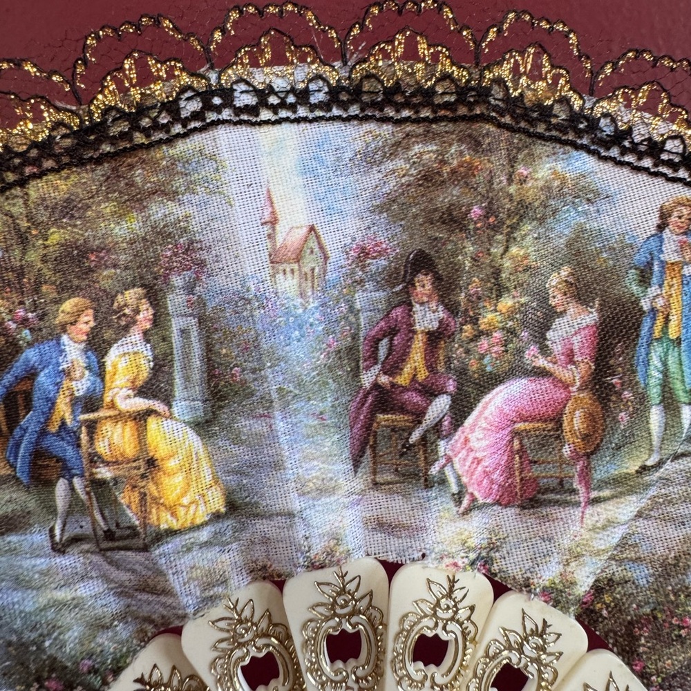 Vintage Decorative Hand Fan with Lace and Victorian Artwork - Picture 3 of 6